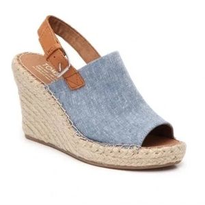 Toms Monica Chambray Denim Espadrille Sling Back Peep Toe Wedges